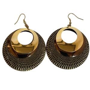 Vintage Gold Tone Textured Statement Hoop Dangle Earrings Large 80s